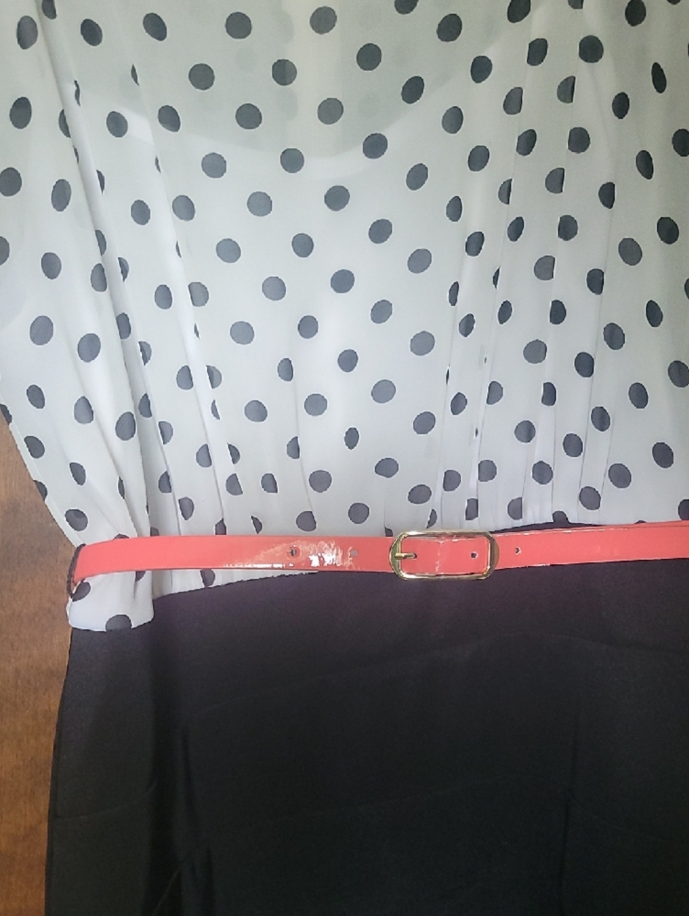 Polka Dot Bodice Black Midi Dress with Coral Belt - Picture 3 of 8